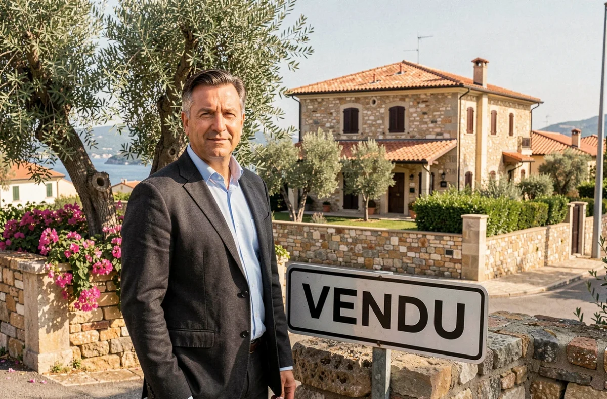Agent immobilier Guy Hoquet Bastia devant une villa vendue dans un quartier résidentiel de Bastia