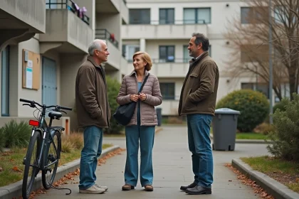 Habitants d'un quartier de Créteil en discussion devant une résidence, illustration de la vie quotidienne en banlieue parisienne