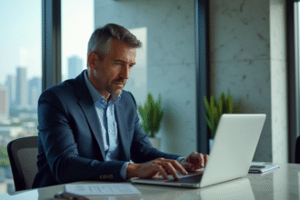 Homme d'affaires en costume bleu examinant des annonces immobilières