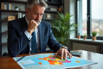 Homme d'affaires regardant une carte de France dans un bureau