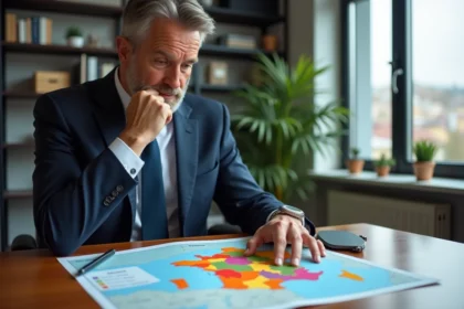 Homme d'affaires regardant une carte de France dans un bureau