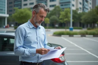 Homme d'affaires examinant un contrat près d'une voiture en parking