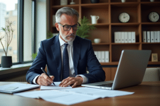 Homme d'affaires en costume calculant des coûts immobiliers