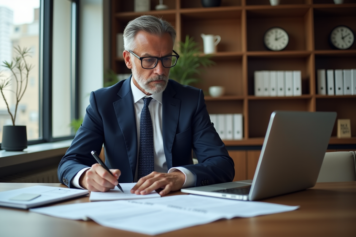 Homme d'affaires en costume calculant des coûts immobiliers