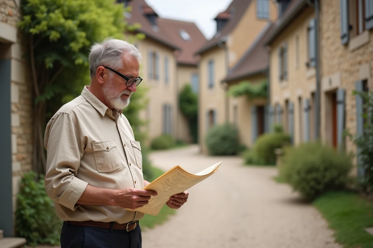 Homme consultant une carte papier à l'entrée d'une impasse de village dans l'Aube, illustration de repérage GPS en zone rurale