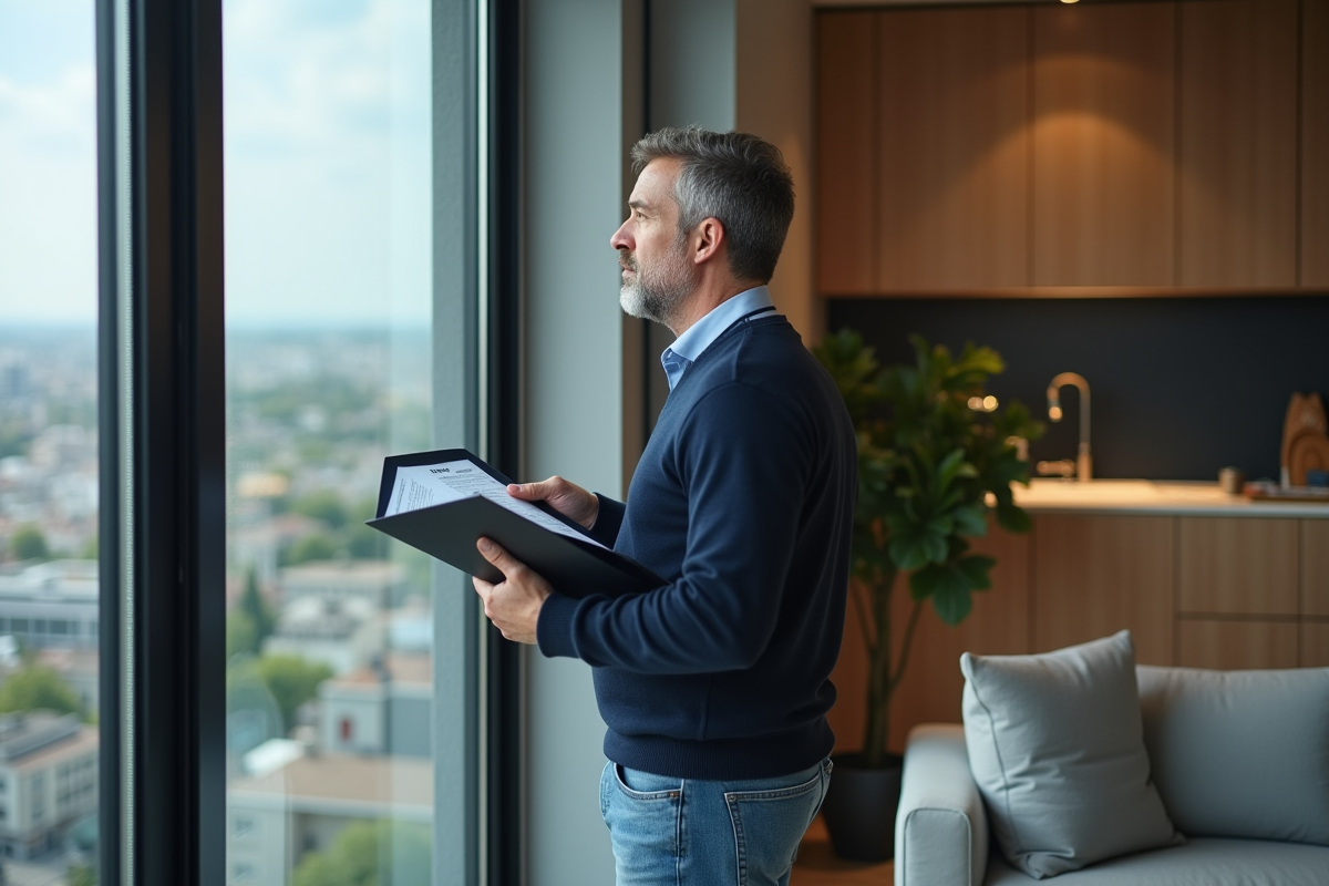 Homme regarde par la fenêtre avec contrat de location en main