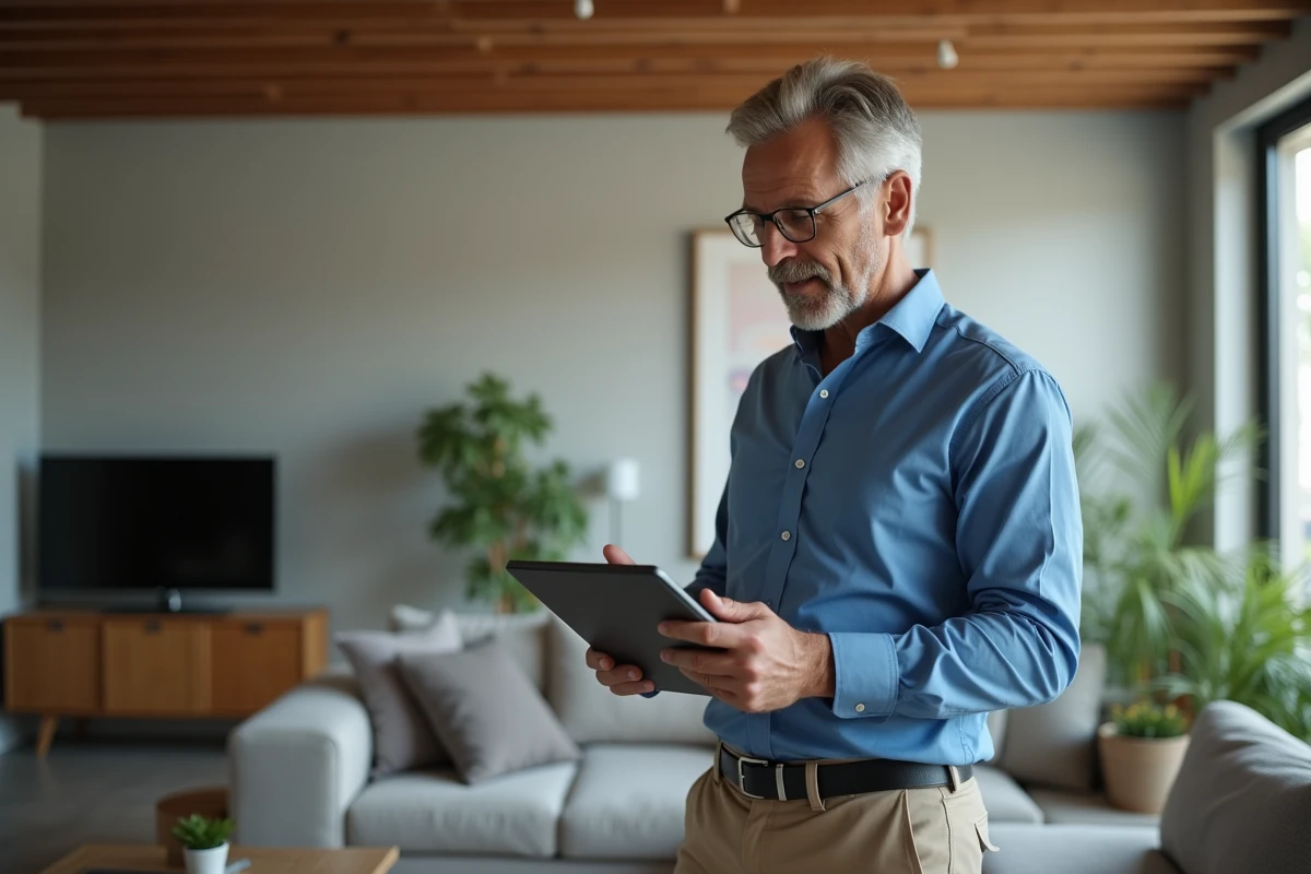 Homme utilisant une tablette pour gérer la maison connectée