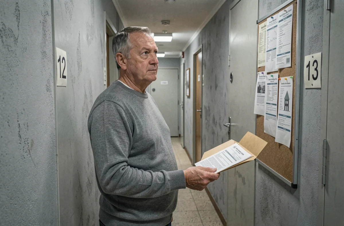 Homme tenant un dossier de mutation de logement dans le couloir d'un immeuble HLM