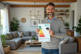 Homme regardant un label DPE dans son salon moderne
