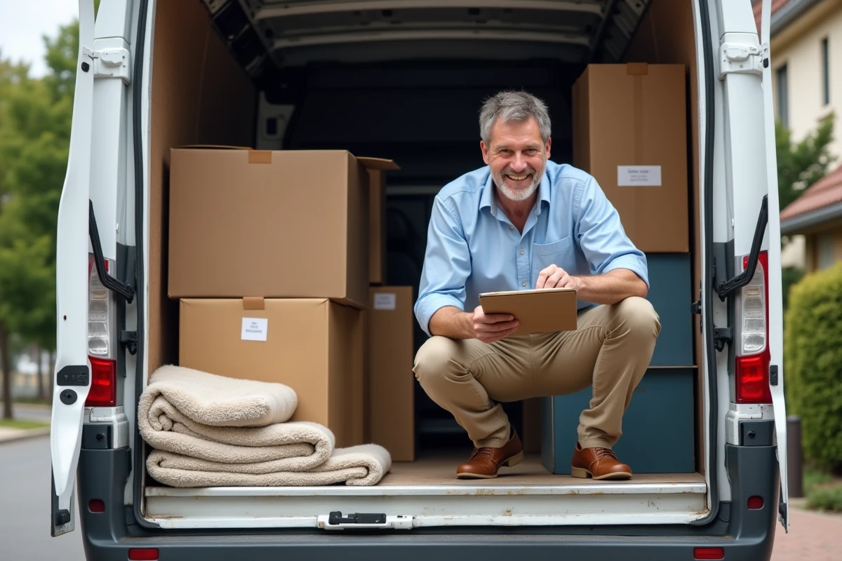 Homme faisant le point dans une camionnette de déménagement