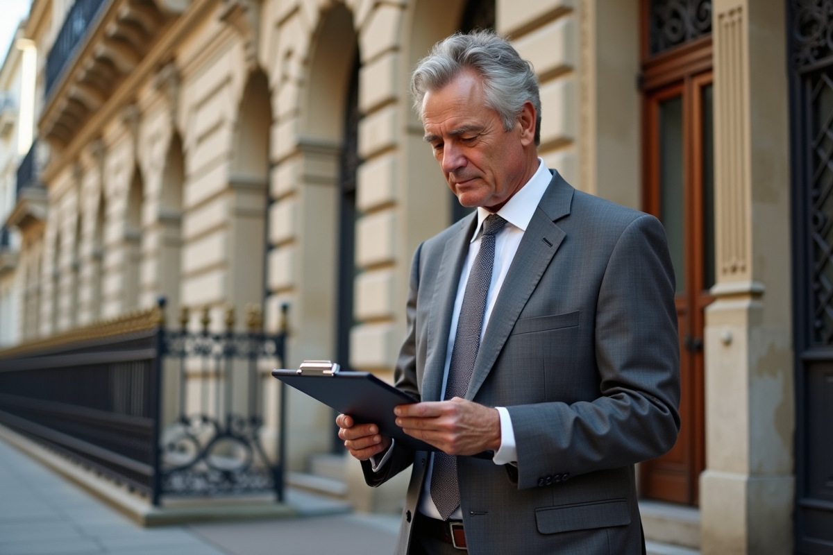 Homme vérifie un document devant un bâtiment parisien