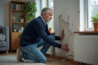 Homme d'âge moyen examine un mur humide dans un salon
