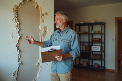 Homme d'âge moyen inspectant un mur endommagé dans un appartement