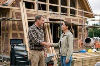 Hommes et femmes souriants sur un chantier en construction