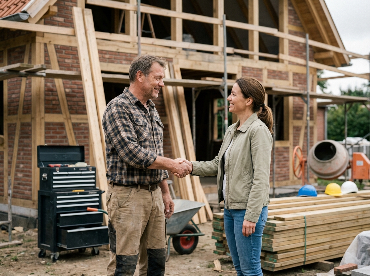 Hommes et femmes souriants sur un chantier en construction