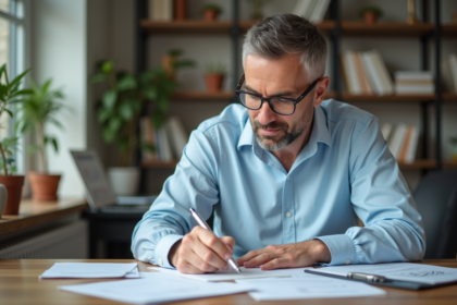 Homme d'âge moyen remplissant des formulaires financiers à son bureau