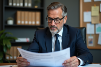 Homme d'âge moyen en costume lisant des documents officiels