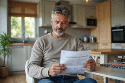 Homme d age moyen lisant un document de garantie dans sa cuisine moderne