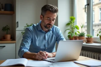 Homme d'âge moyen en chemise bleue consulte des documents financiers dans un appartement parisien