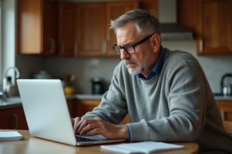 Homme d'âge moyen examinant un formulaire web sur son ordinateur dans la cuisine