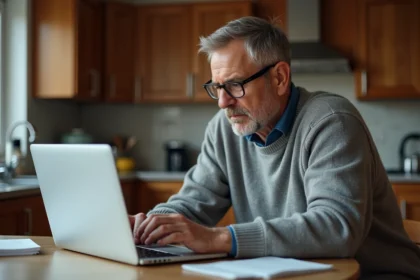 Homme d'âge moyen examinant un formulaire web sur son ordinateur dans la cuisine