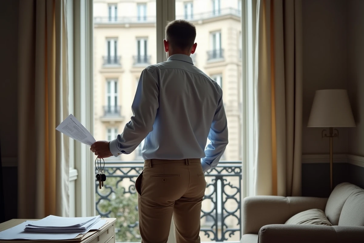 Homme regardant par la fenêtre de son appartement à Paris