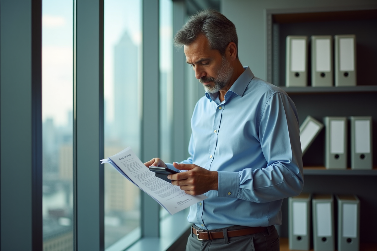 Homme vérifiant un contrat de location dans un bureau