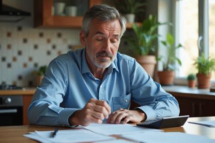 Homme d'âge moyen examine documents impots dans la cuisine