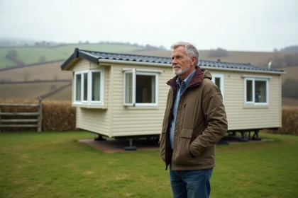 Homme d'âge moyen près d'une maison mobile en campagne