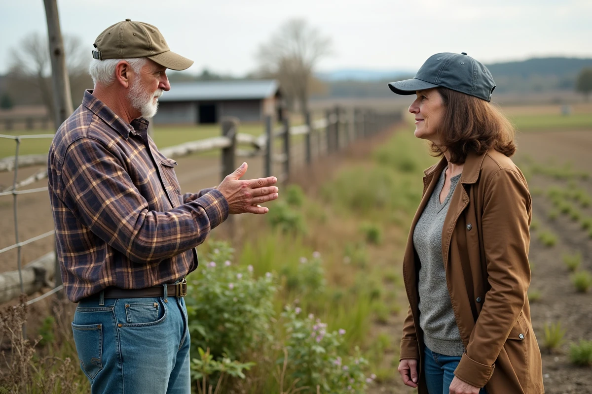 Homme âgé observant un terrain en friche avec une femme à côté