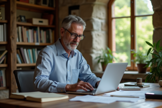 Homme d'âge moyen travaillant sur ses impôts dans un bureau cosy