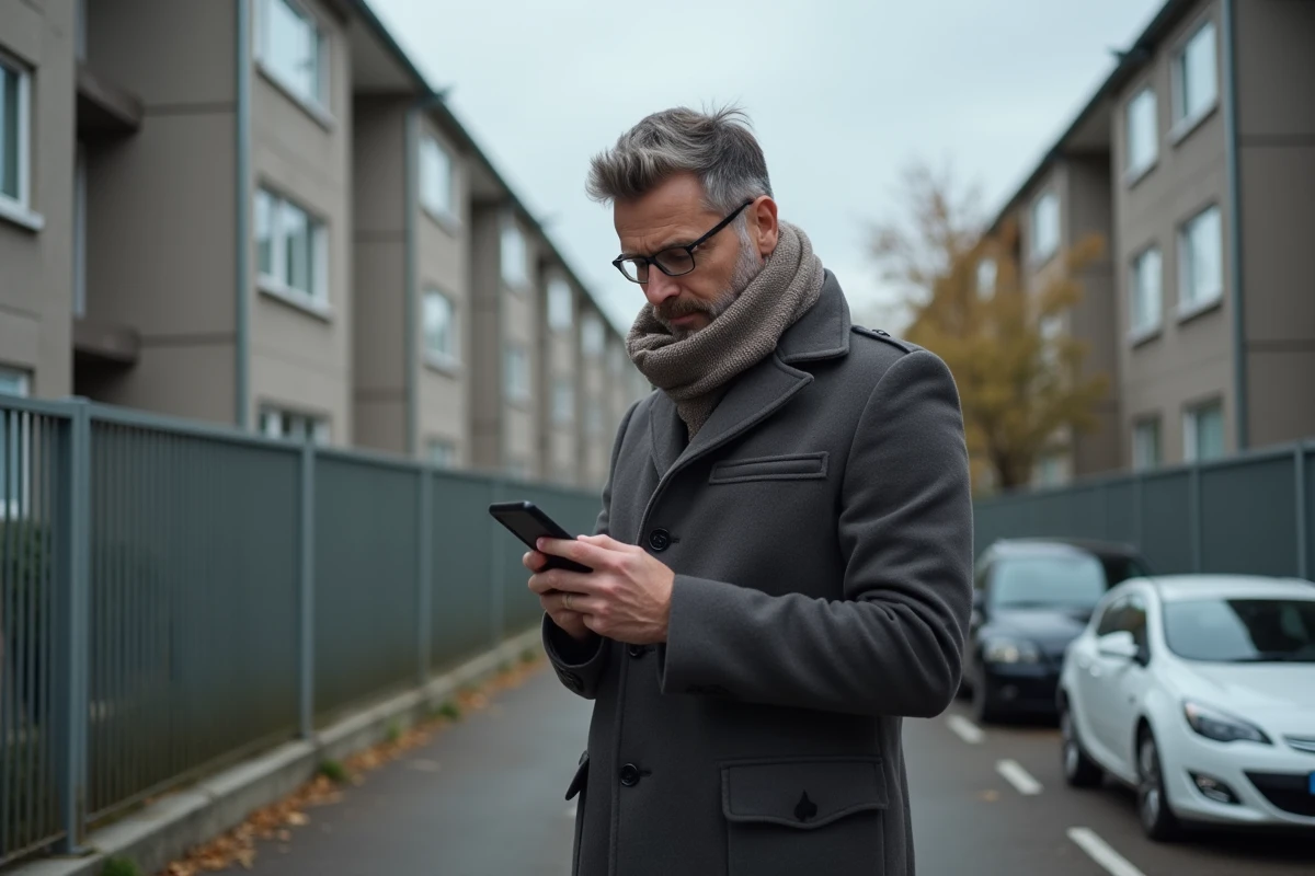 Homme regardant son smartphone devant un immeuble social