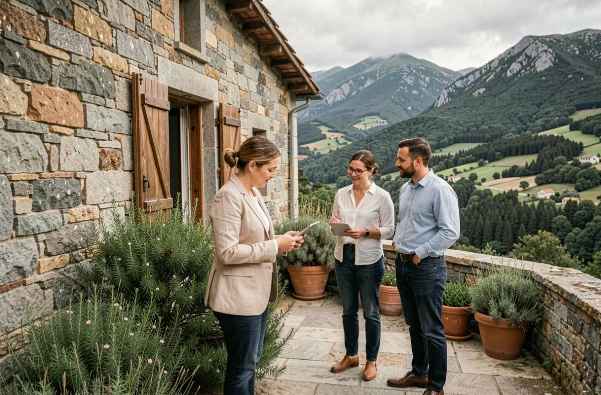 Agente IAD France Haute-Corse faisant visiter une maison en pierre traditionnelle corse à des acquéreurs potentiels
