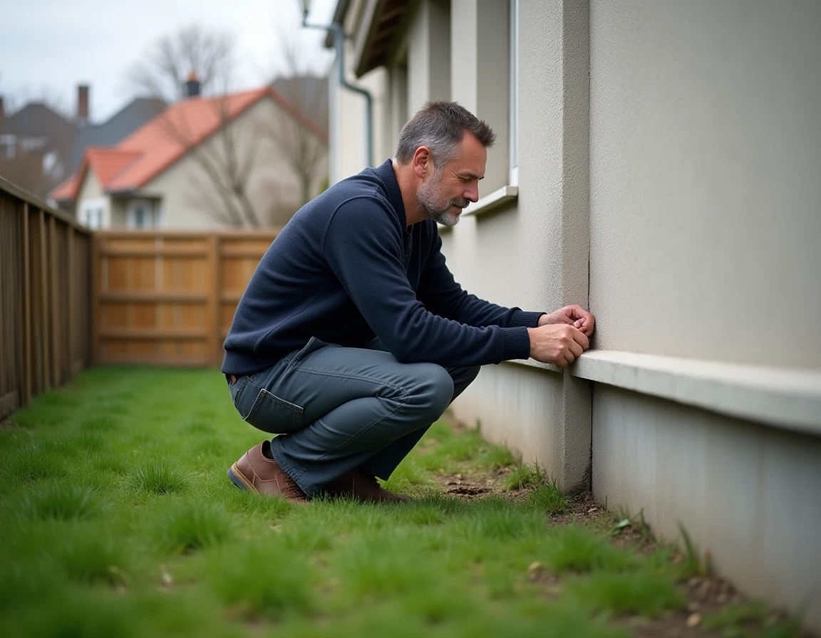 Homme inspectant l'extérieur d'une maison individuelle dans un pavillon de banlieue en Île-de-France