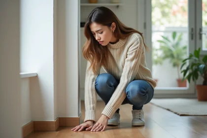 Jeune femme inspectant des taches d'humidite au mur