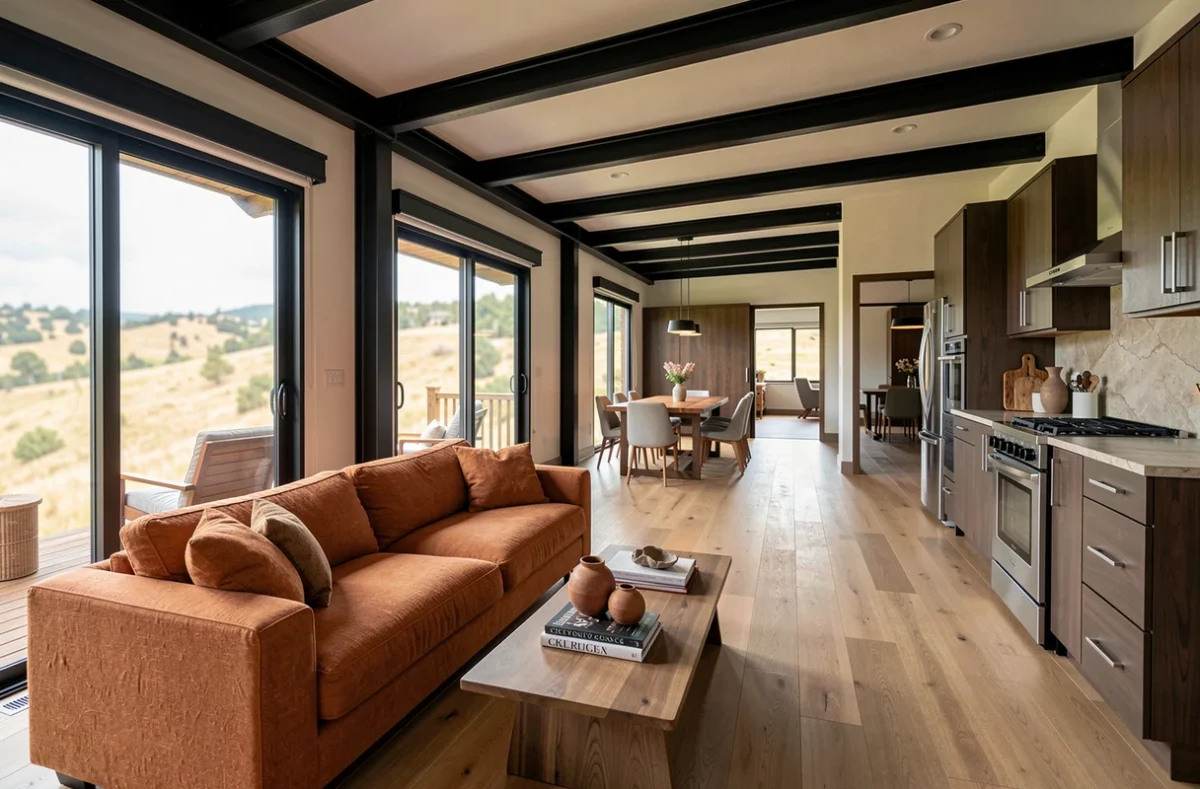Intérieur haut de gamme d'une maison container avec parquet chêne, cuisine ouverte et design épuré
