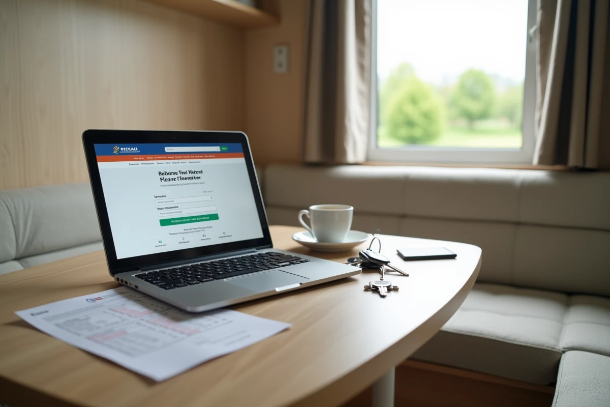 Intérieur de mobil home avec laptop affichant un simulateur de rachat, documents de revente et clés sur la table