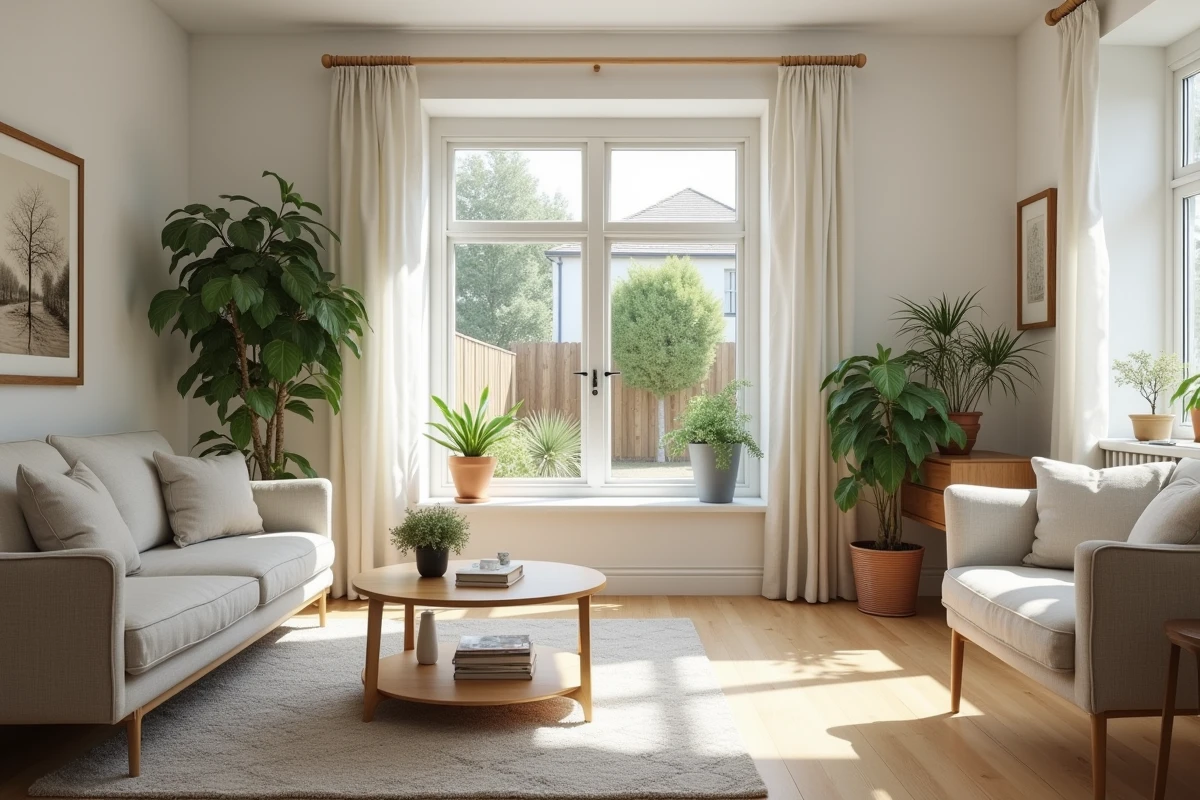 Séjour lumineux et cuisine ouverte d'une maison plain-pied en location dans un environnement périurbain