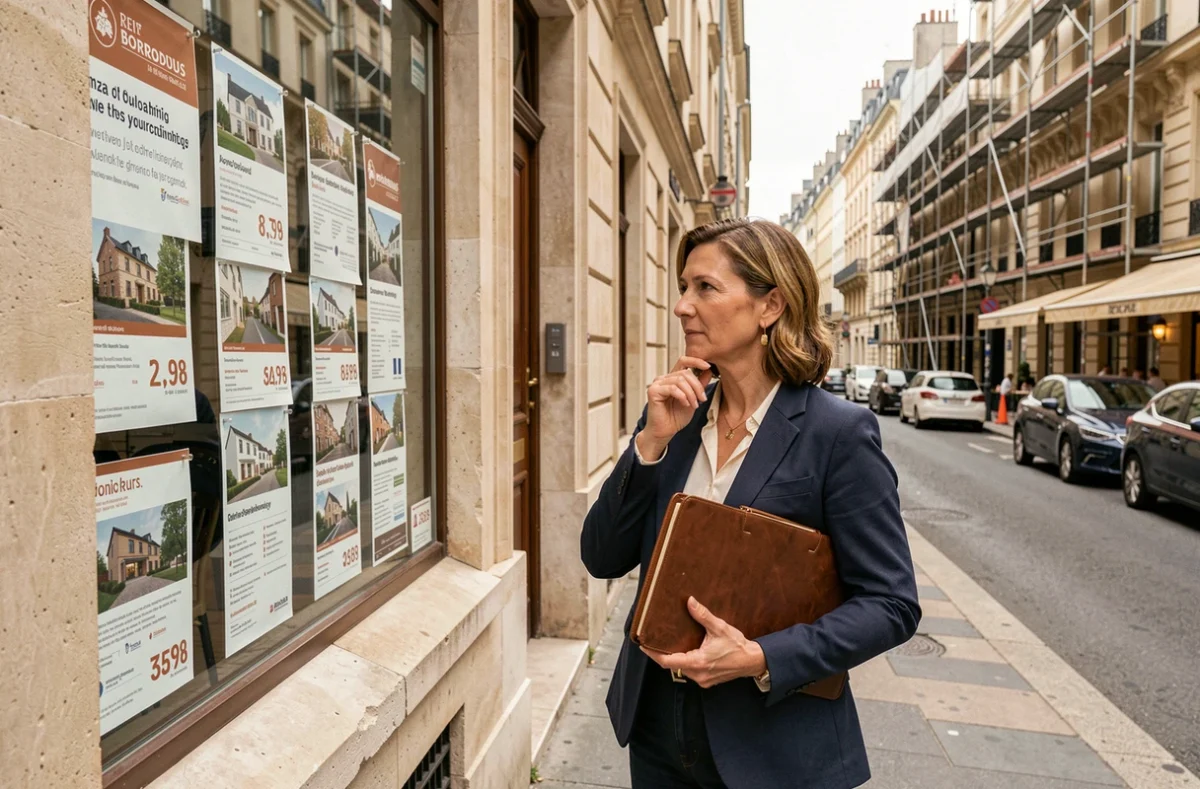 Investisseuse immobilière analysant des annonces dans une vitrine d'agence dans un quartier en rénovation de Bordeaux