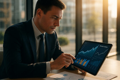 Photo d'un professionnel en bureau moderne analysant des graphiques financiers