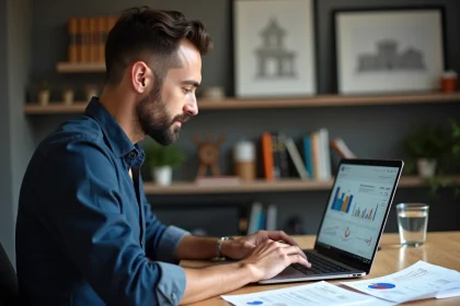 Investisseur immobilier analysant un logiciel d'estimation immobilière sur ordinateur portable dans un bureau moderne