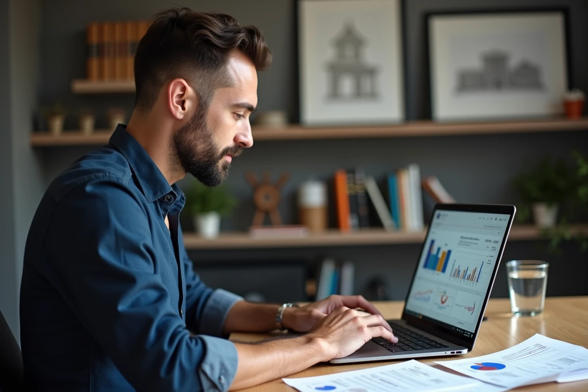 Investisseur immobilier analysant un logiciel d'estimation immobilière sur ordinateur portable dans un bureau moderne