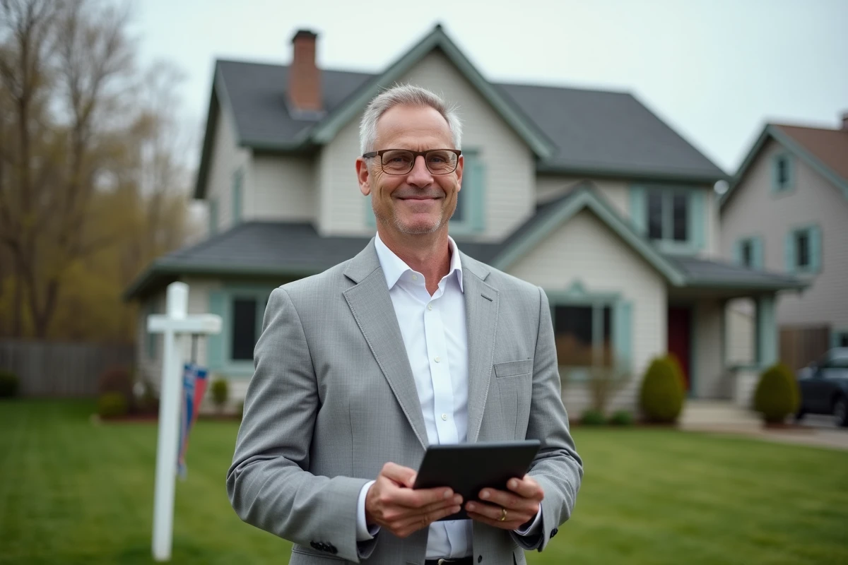 Investisseur immobilier consultant une application d'estimation sur tablette devant une maison à vendre en banlieue