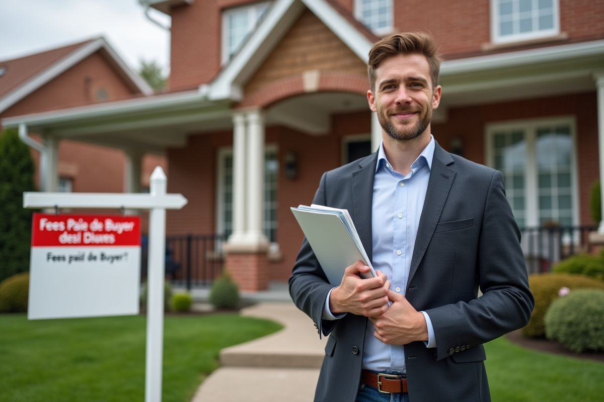 Jeune acheteur devant maison vendue avec panneau de vente