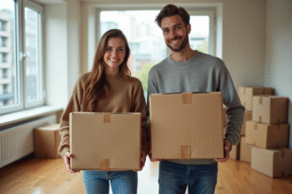 Jeune couple avec cartons dans un appartement cosy