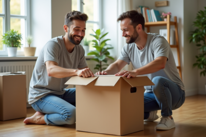 Jeune couple souriant en train de sceller une box de déménagement