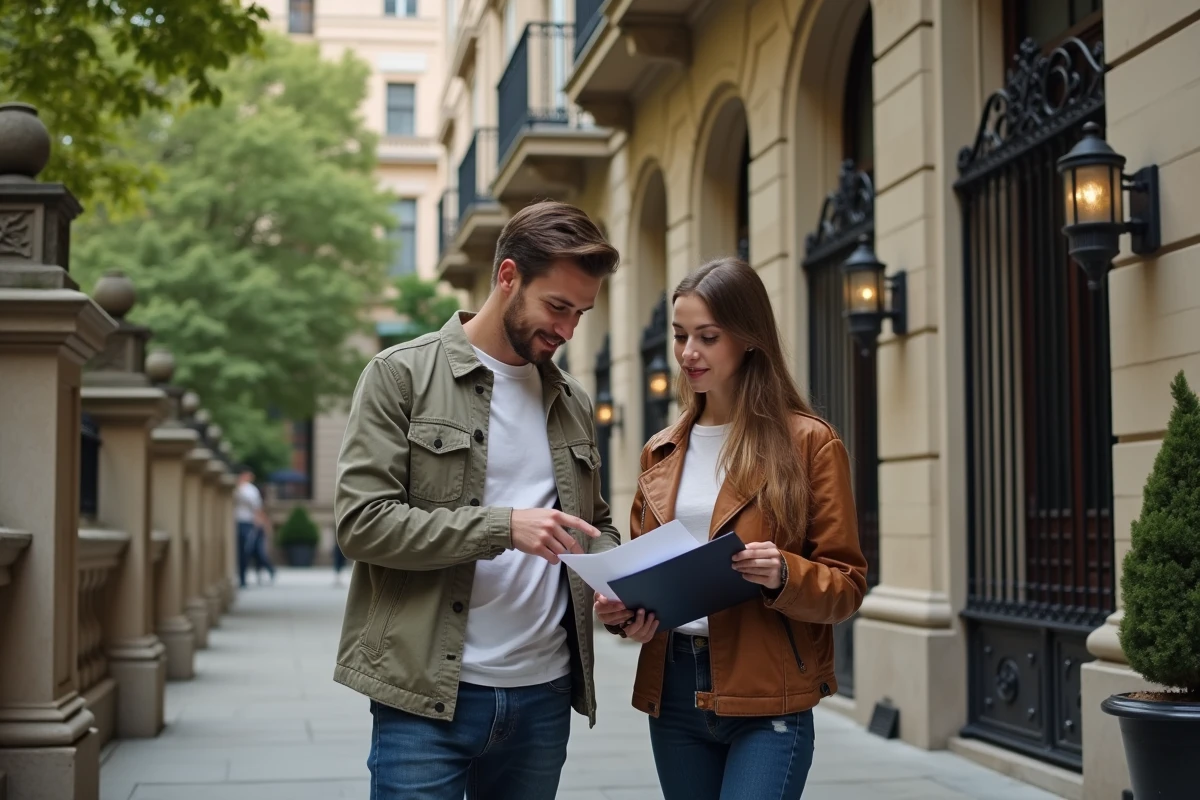 Jeune couple discutant devant un immeuble élégant en ville