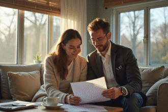 Jeune couple avec agent immobilier dans un appartement lumineux