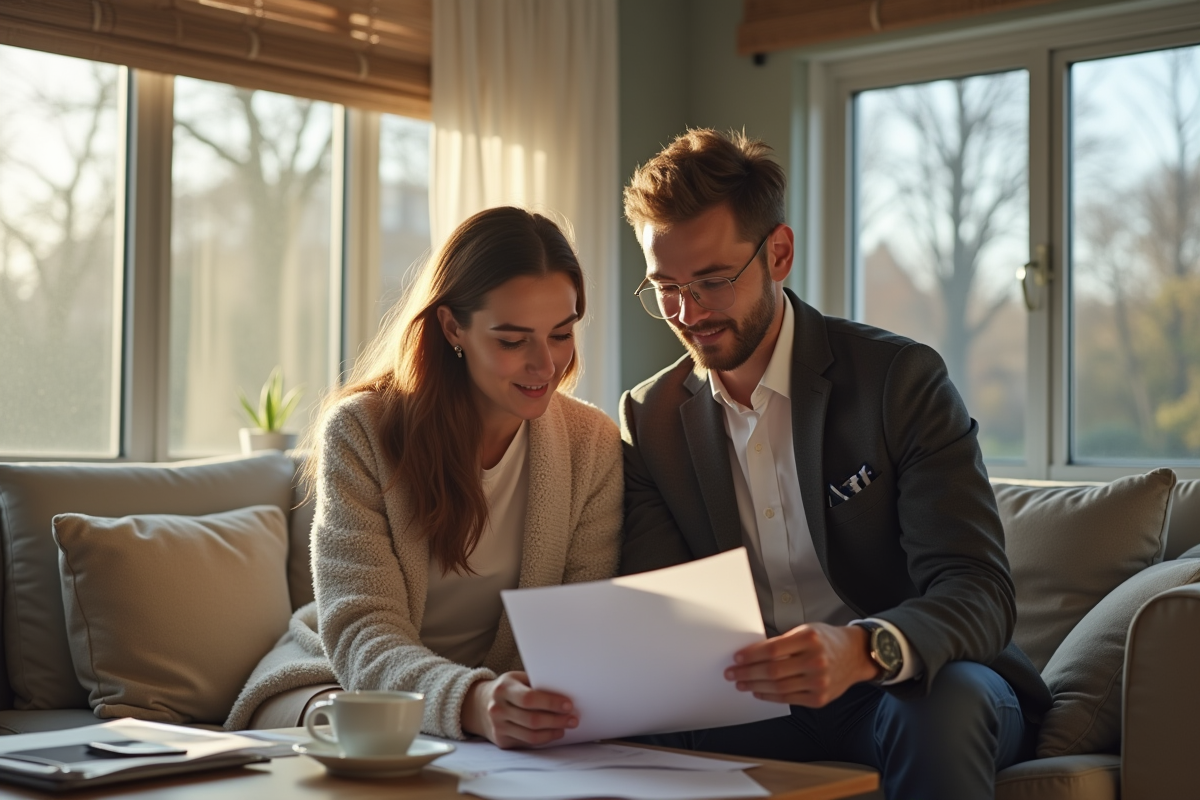 Jeune couple avec agent immobilier dans un appartement lumineux