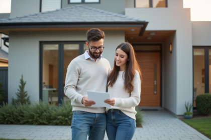 Jeune couple devant leur maison neuve en reviewant des documents